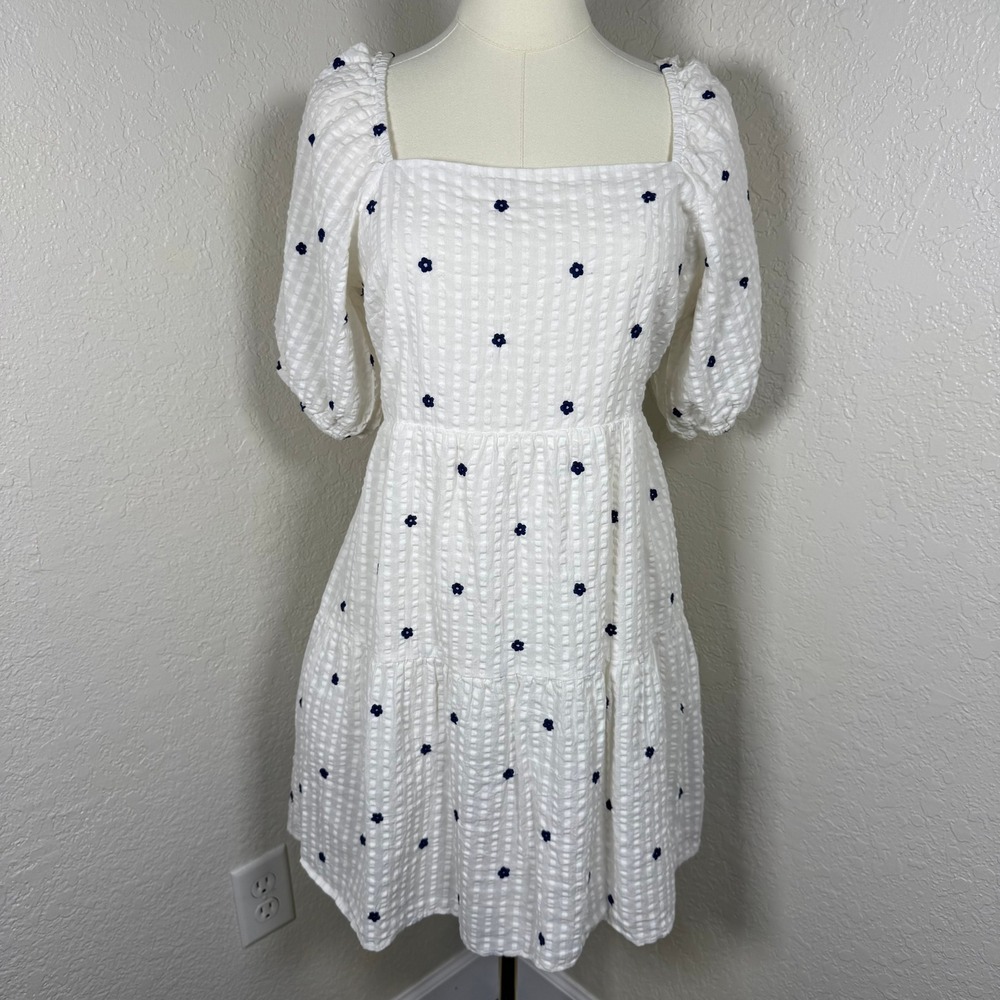 Rails White Seersucker Embroidered Daisy Puff Sleeve Cutout Mini Dress Large
